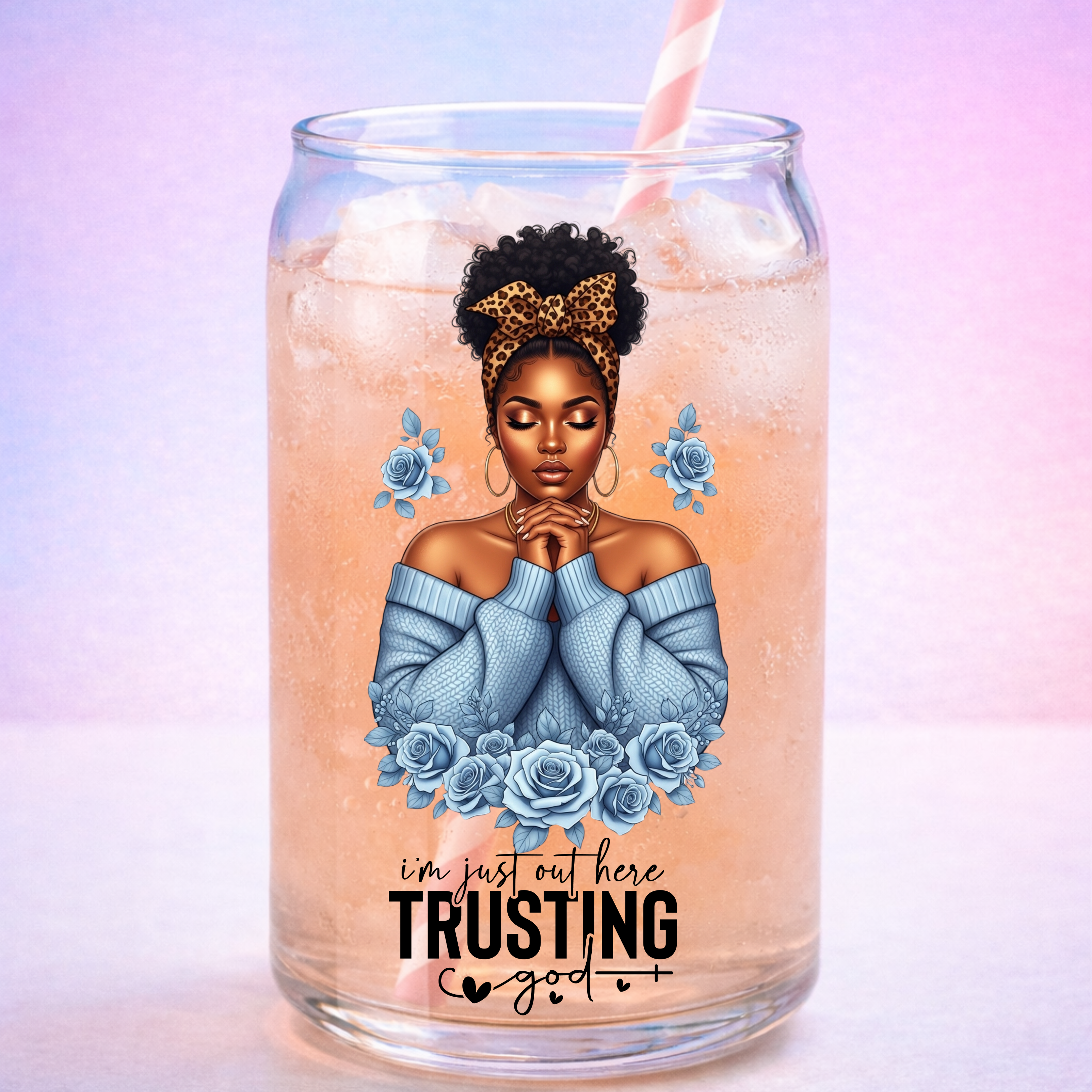 Trusting God UV DTF Sticker Blue | Black Woman Faith Decal | Waterproof Peel & Stick for Tumblers, Cups & Journals