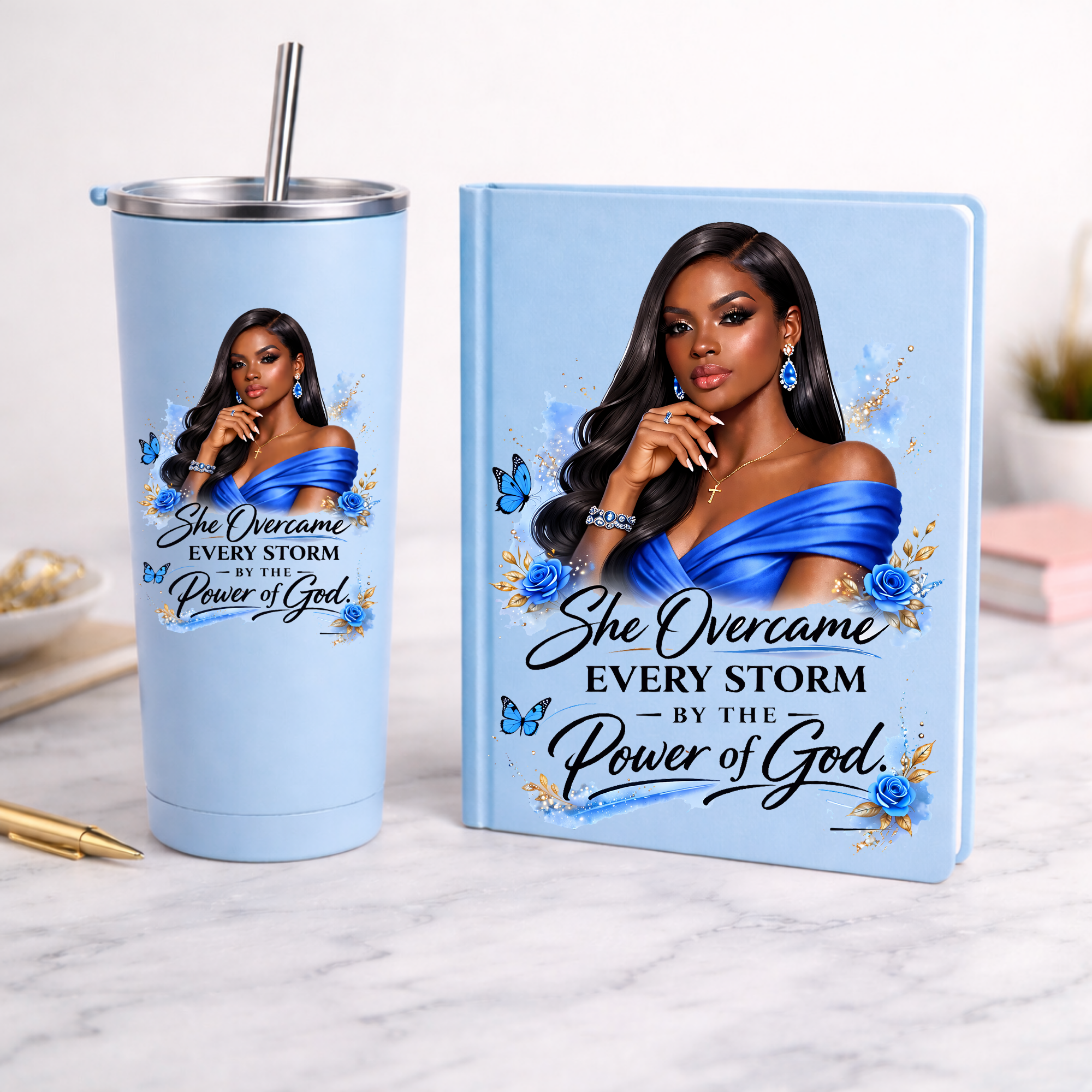 She overcame every Storm Blue | Religious UV DTF Peel & Stick Sticker