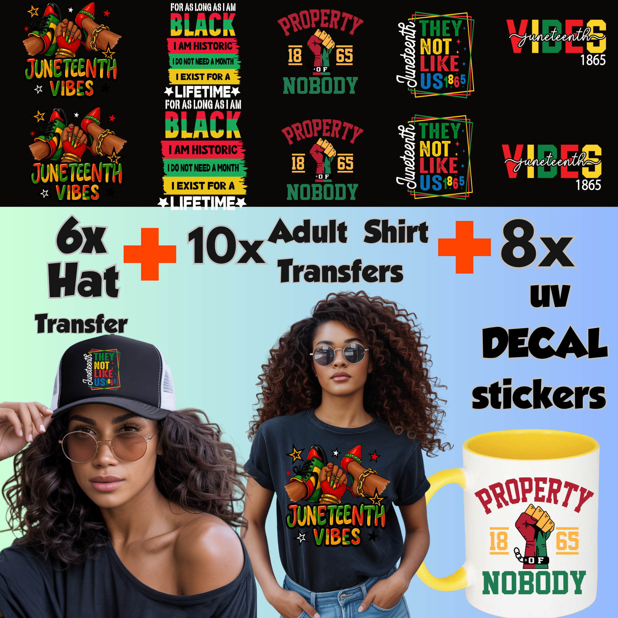 Juneteenth Heat Transfer Bundle | Shirt Transfers, Hat Patches, UV Decal Stickers | Black Pride | DIY Apparel Craft Kit